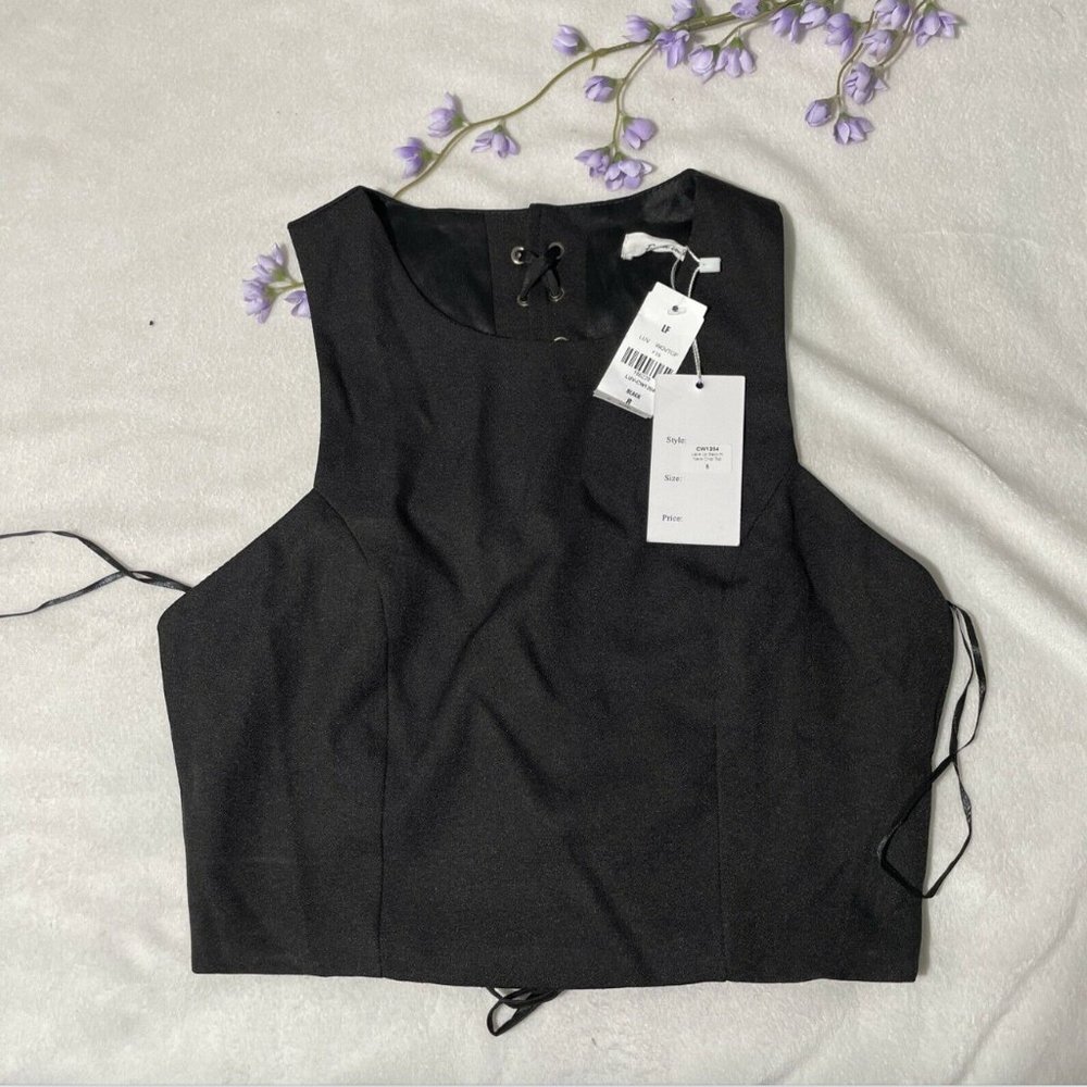NWT $108 LF x Faith in Love Lace Up Back High Neck Crop Top Black [ SZ 8 ] #3912